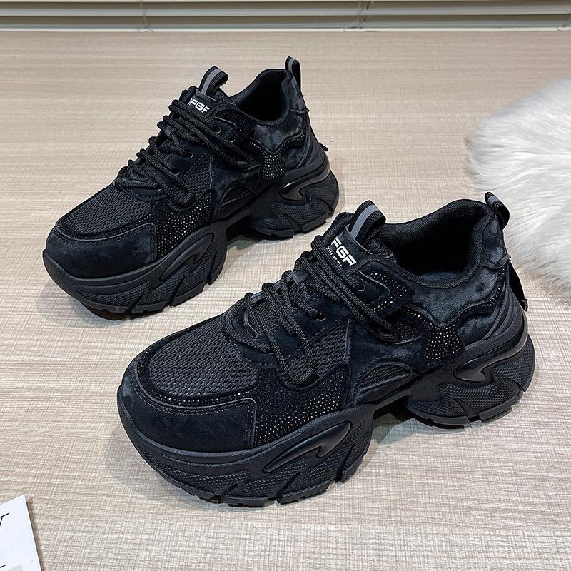 Rhinestone Daddy shoes breathable mesh autumn new 2025 new year super fire muffin platform sports casual shoes women