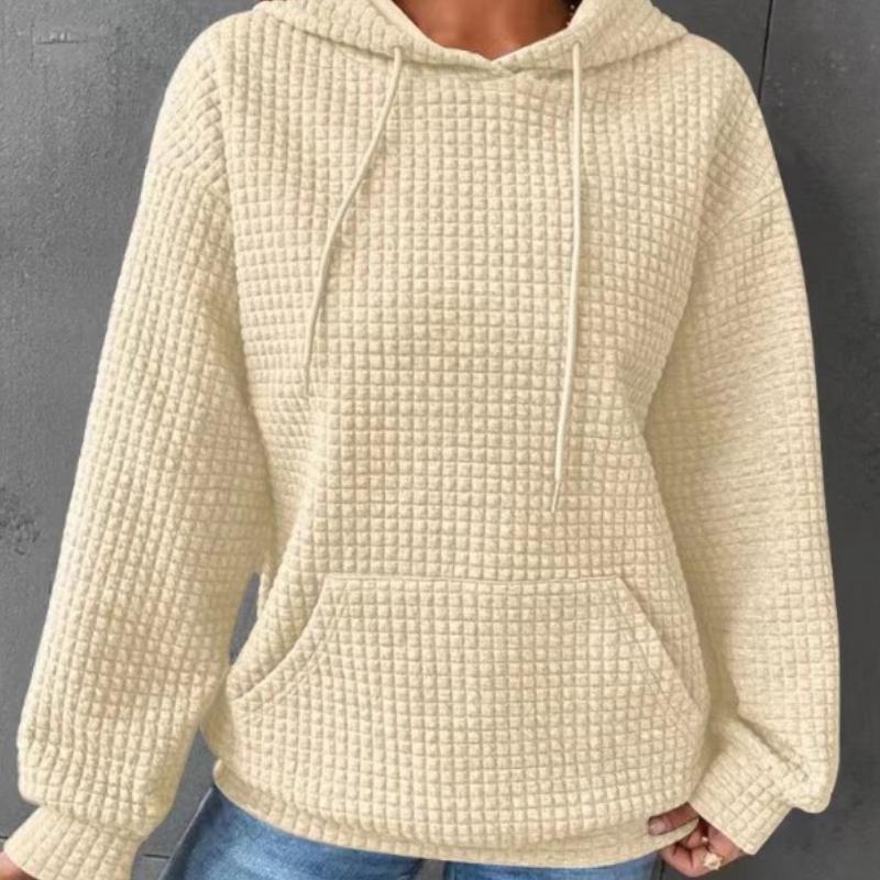 Autumn and Winter Ladies Casual Solid Color Waffle Hooded Long-sleeved Sweater