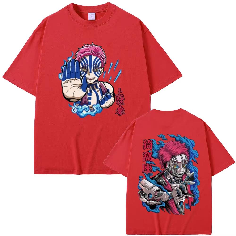 Anime Demon Slayer Akaza Doppelseitiger Druck T-Shirt Männer Frauen Kleidung Cartoon Übergroßes T-Shirt Männlich Lässig Weiche Baumwoll-T-Shirts