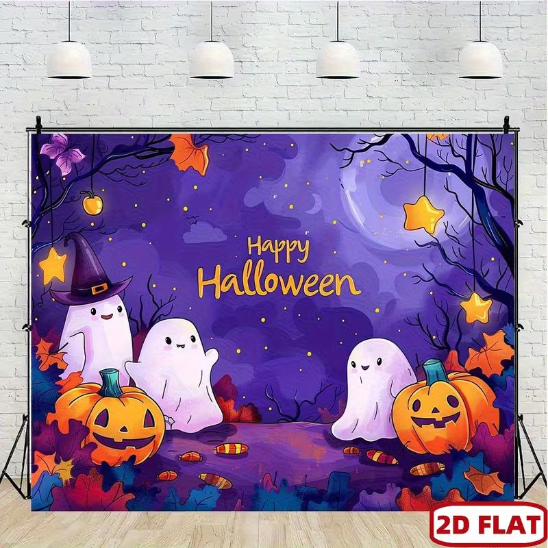 2D Purple Halloween Ghost & Pumpkin Photography Background