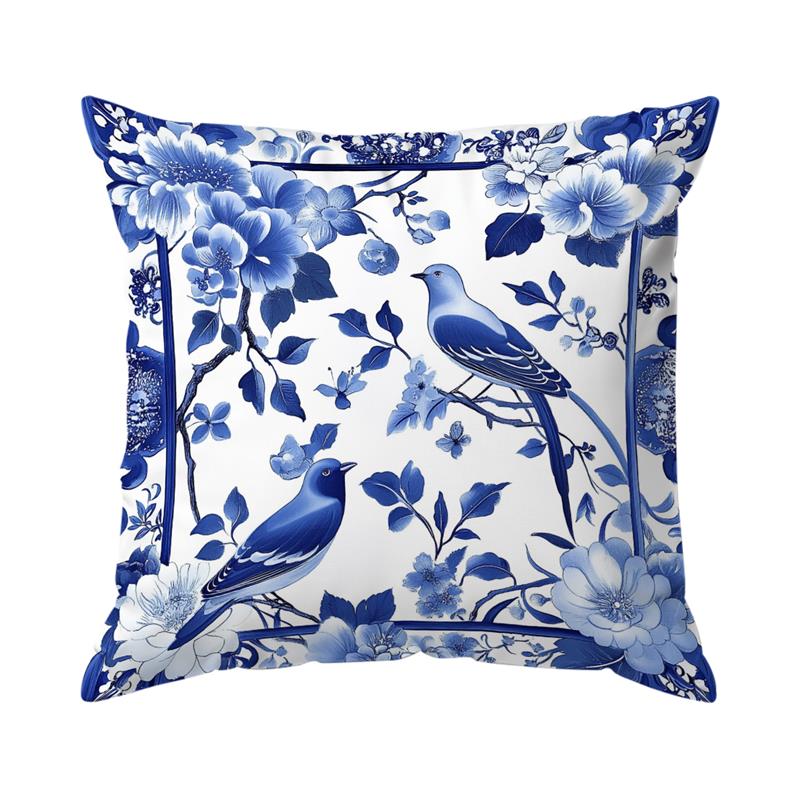 Chinese Style Pattern Throw Pillow Cases Flowers And Birds Painting Soft Cushion Cover For Home Decor Easy To Clean 17.7*17.7in