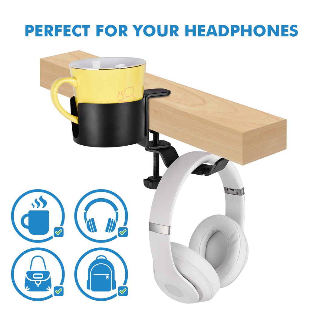 Aluminum Alloy Clamp-On Desk Cup Holder 360 Degree Rotatable Headphone Bag Hanger