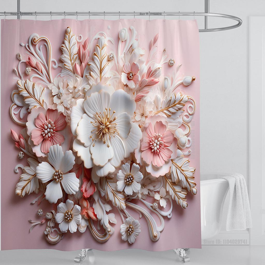 3D Flower Shower Curtain Set Colorful Printing Design Fabric Bathroom Decoration Waterproof Washable Shower Curtain With Hooks