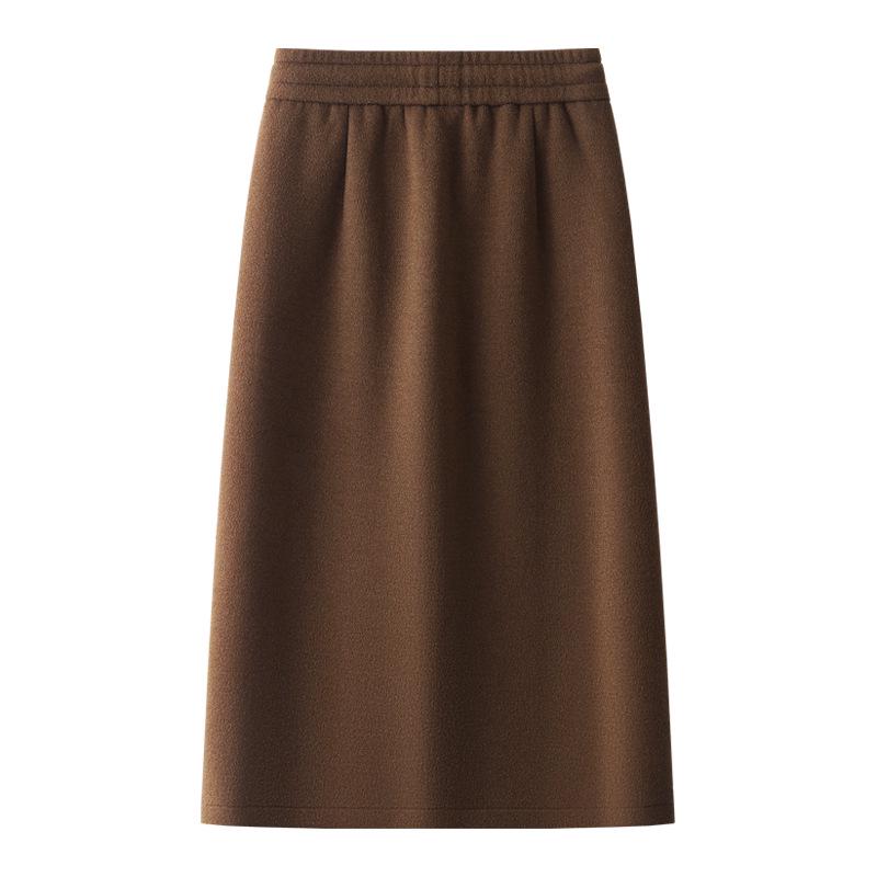 2024 Khaki Vlněná Midi Sukně pro Ženy – Podzim/Zima, Elastický Pas, Rovná Přiléhavá se Předním Rozparkem, Délka ke Kotníkům