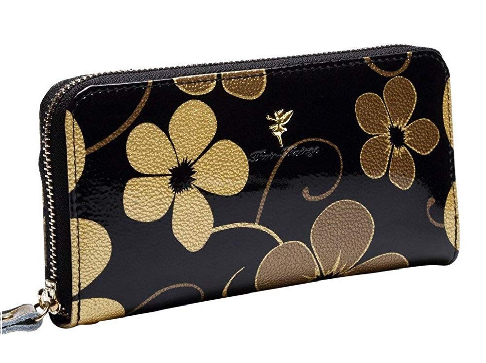 Fair Fairy Genuine Leather Enamel Long Wallet 120029 Floral Print stains and scratches do not affect Women's Zip-Around (Black (Small use))