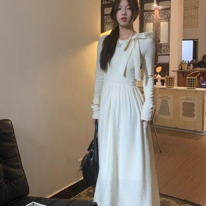 

Цинь Су Французское Ретро Дизайн с Бантом Осень/Зима Платье с Начесом с Длинным Рукавом, Облегающее Талию S 40-48 kg абрикосовый