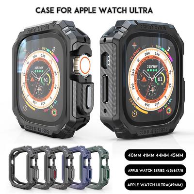 Custodia con Telaio Rinforzato Militare per Apple Watch Serie Ultra 8 7 6 SE 5 Bumper con Texture Fibra di Carbonio Pulsante Metallico 49mm 40 41 44 45mm