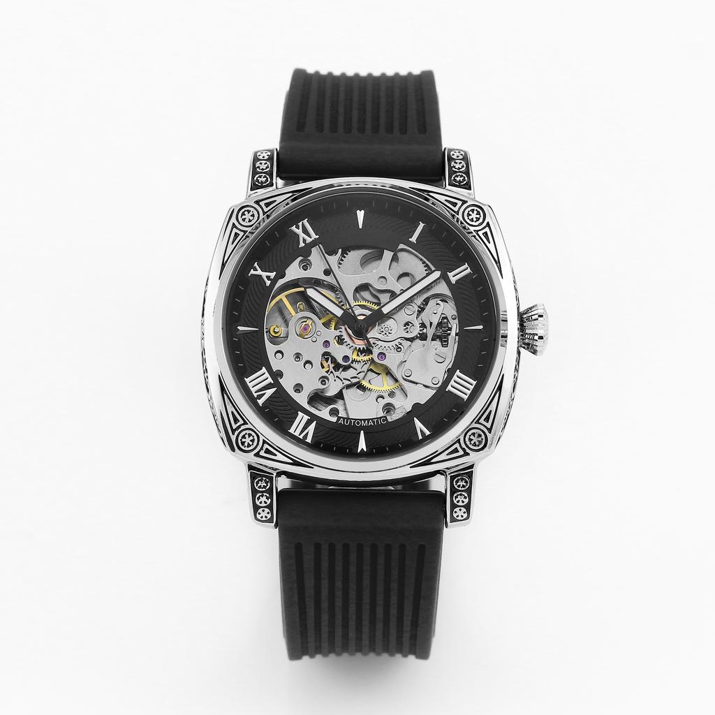 Fully Automatic Mechanical Watch Square Transparent Bottom Watch Men's Mechanical Night Light Men's Hollow Silicone Tape Watch