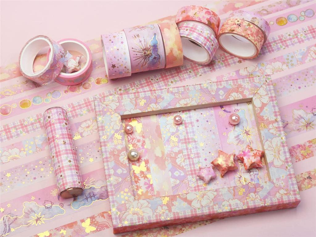 YUBBAEX Masking Tape Mysterious Foil Super Cute Perfect for Gift DIY and Notebook Decoration 9-Volume - Space, Wide, Silver/Gold Stamped, Style, Thin,
