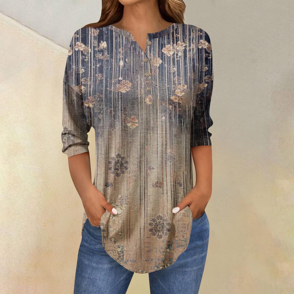 Tee Shirts For Women Fall Casual 3/4 Long Sleeve Button Shirts Sweatshirt Vintage  Top Pullover