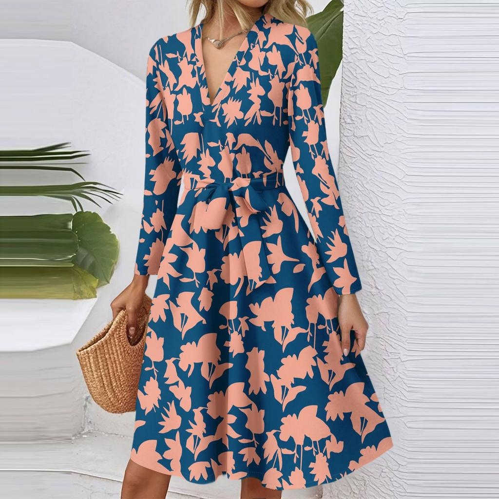 Dámské módní ležérní šaty midi s výstřihem do V, dlouhým rukávem, v pase a s květinovým potiskem