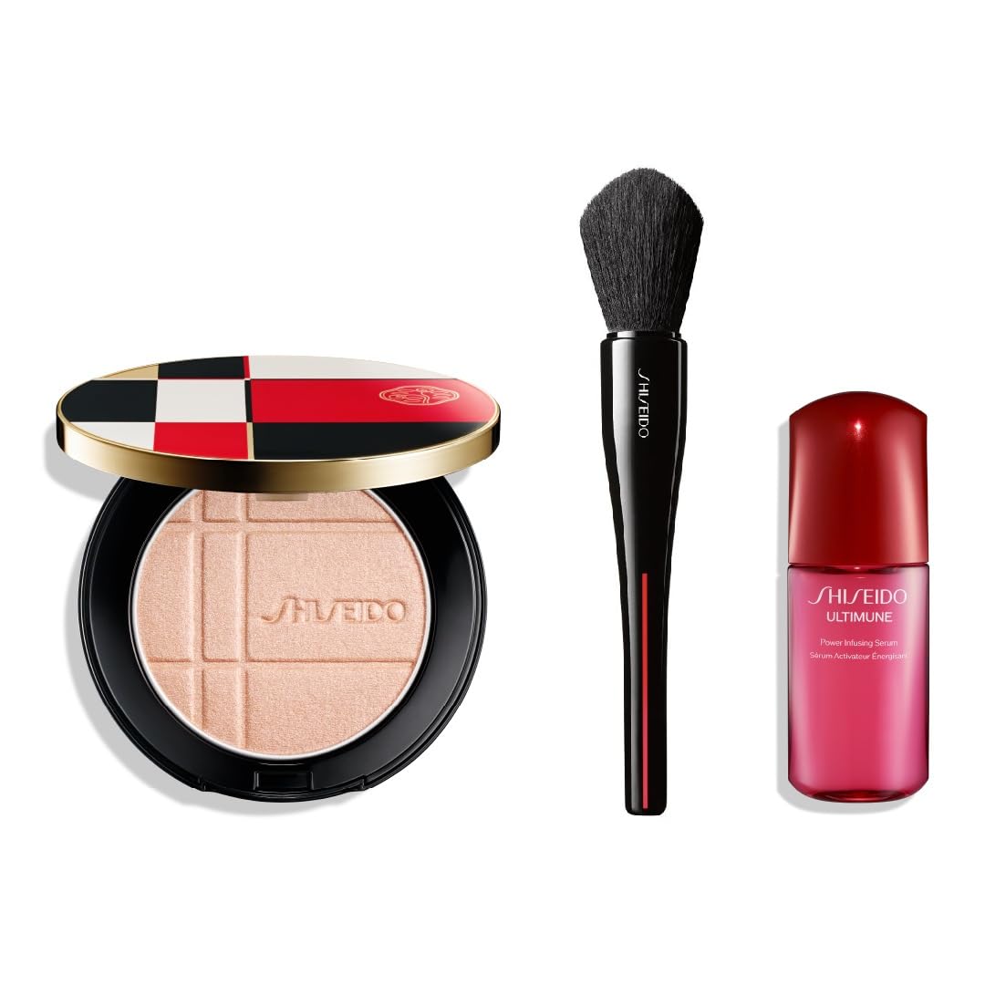 SHISEIDO Enhancer Kit Color + Glow Enhancer 02 beige crystal 7g + MARU FUDE Multi Face Brush + Ultimune Serum mini 10g Face & Eye Color Powder