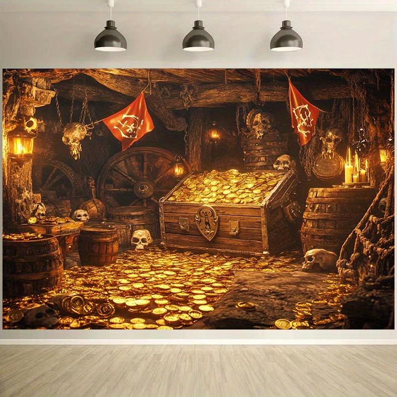 1 Pirate Treasure Chest Adventure Background Cloth, Including Gold Coins, Skulls and Wooden Barrels - Polyester, Holiday Event