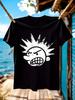 Y2K Graphic T-shirt - Black with Bold White Angry Face Design - Soft Everyday Streetwear Top for Concerts