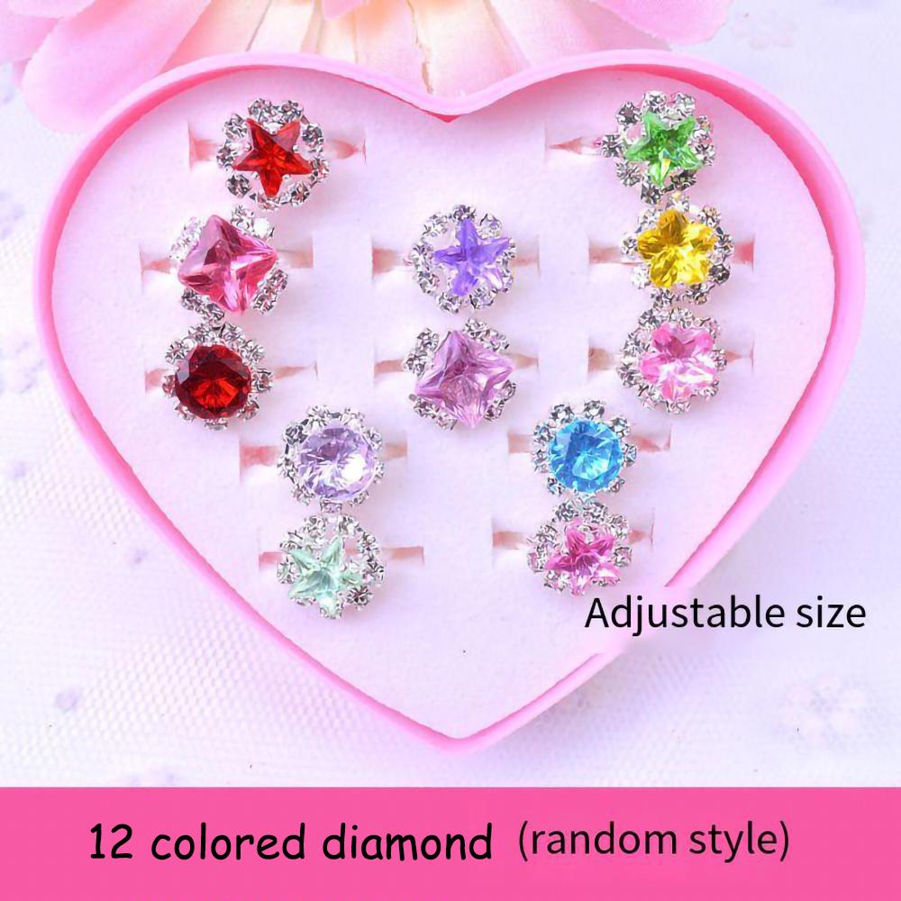 12 шт. Детские кольца Мультяшные Пластиковые Алмазные Кристальные Украшения День Рождения Красивый Цветной Набор Страз С Сердцевидной Коробкой Девочка