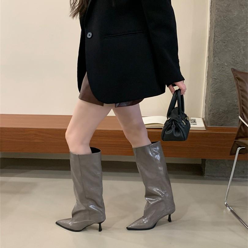 Grey patent leather pointed-tipped pleated boots female hottie style fine heel high tube but knee high heel knight boots