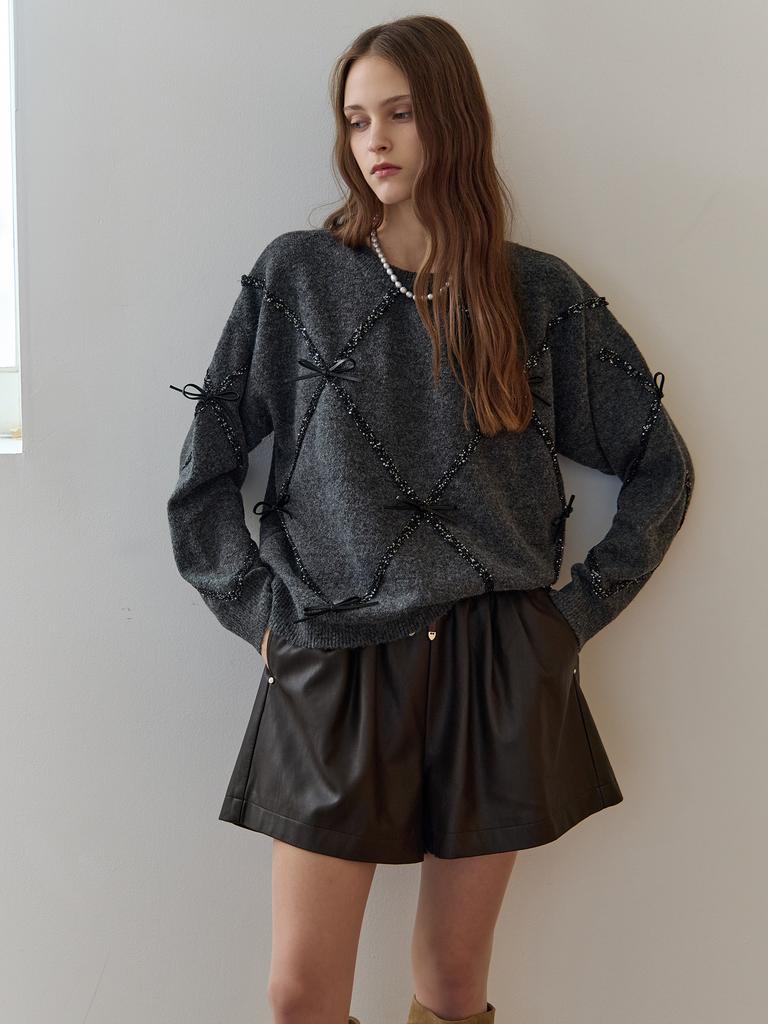 MAXZA Ribbon Detail Glitter Mix Round Neck Knit