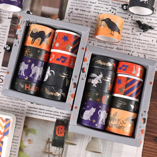 Thin Layering Washi Tape 8 Rolls Halloween Tape, Spooky Bat Witch Cat Pattern Decorative for Junk Journaling Supplies, Scrapbooking, DIY Crafts, Gift