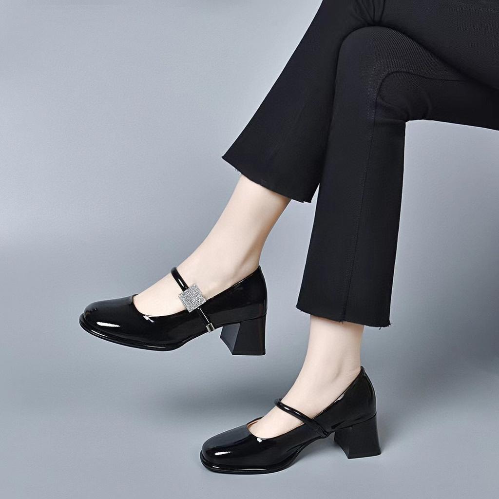 Round Head High Heels Women's Spring New One-word Strap Mary Jane Shoes Square Buckle Rhinestone Thick Heel Fashion Shoes