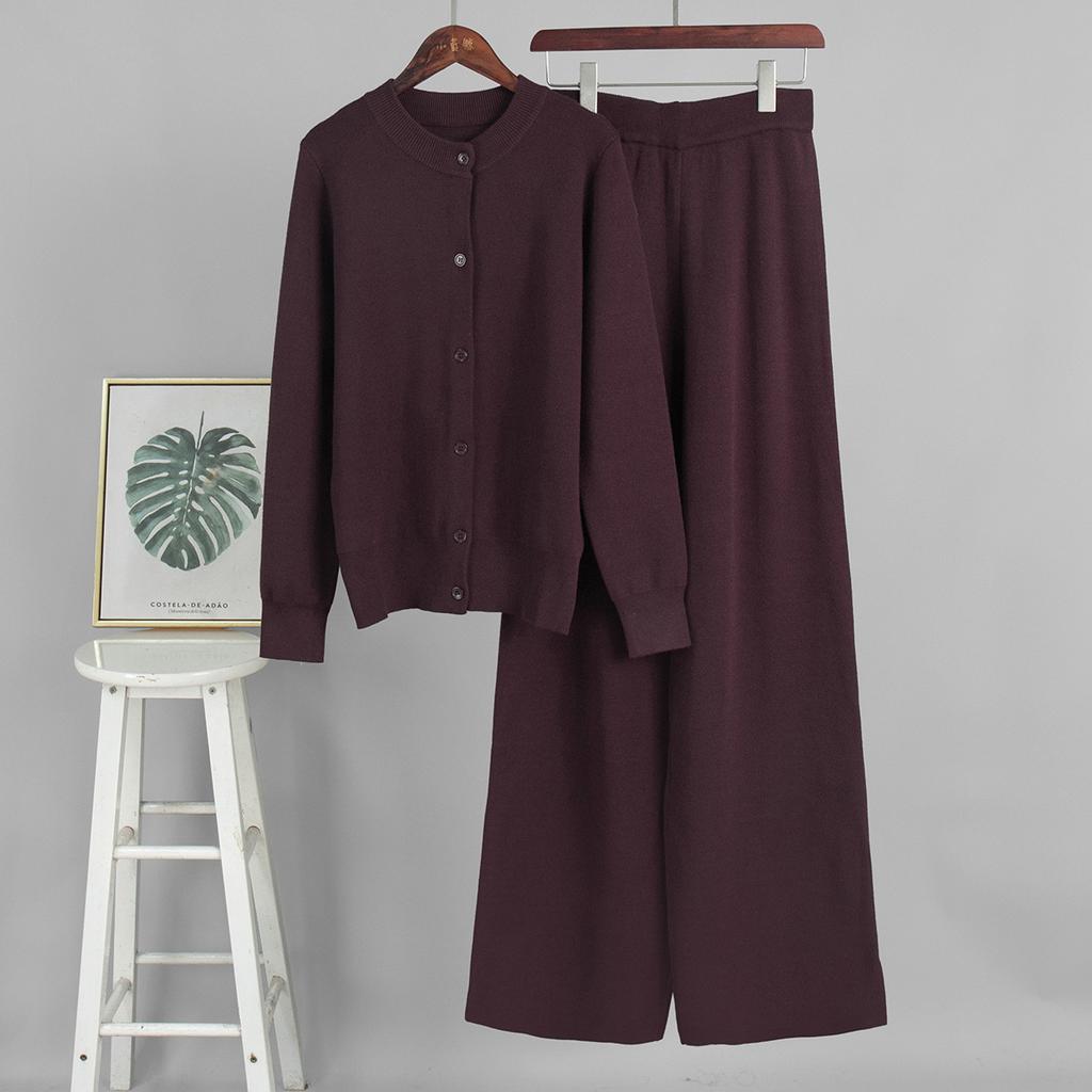 Women's Beige Knit Two-Piece Set Long Sleeve Cardigan and Wide Leg Pants