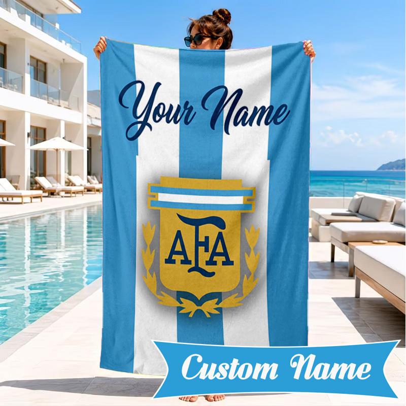 Custom Name Argentina Football Crest Personalized Microfiber Beach Towel, Quick-Dry, Ideal for Summer Travel, Beach Essential, Swimming