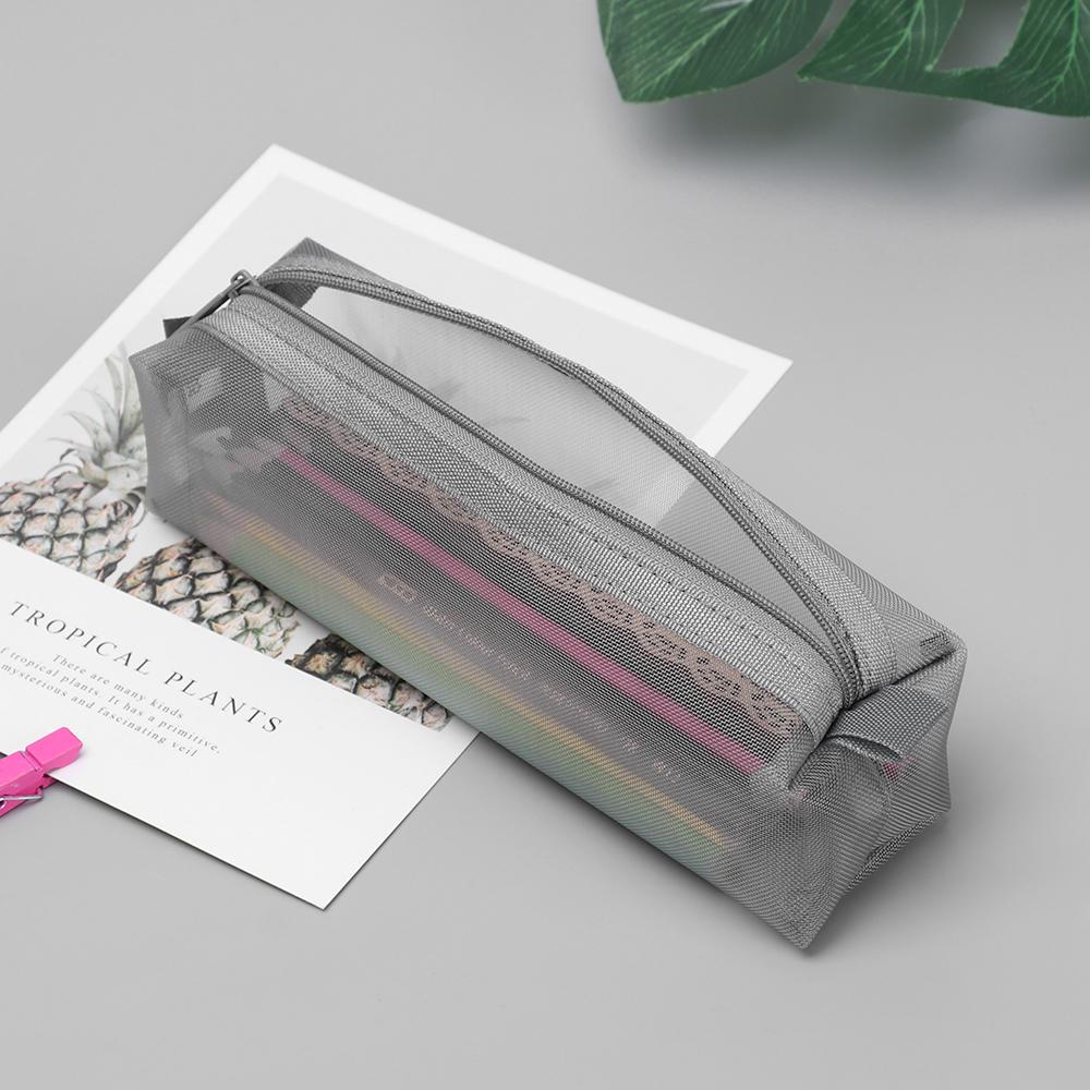 Black/White Simple Transparent Grid Zipper Pencil Case Solid Color Cosmetic Storage Nylon Mesh Pen Bag Stationery Storage Tool