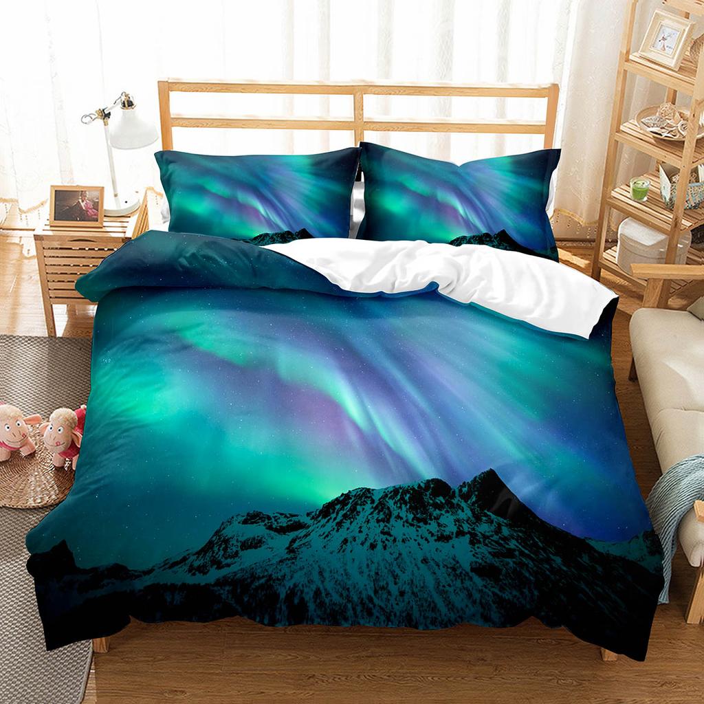 Northern Lights King Queen Duvet Cover Natural Landscape Bedding Set Colorful Sky Scenery Quilt Cover Polyester Comforter Cover
