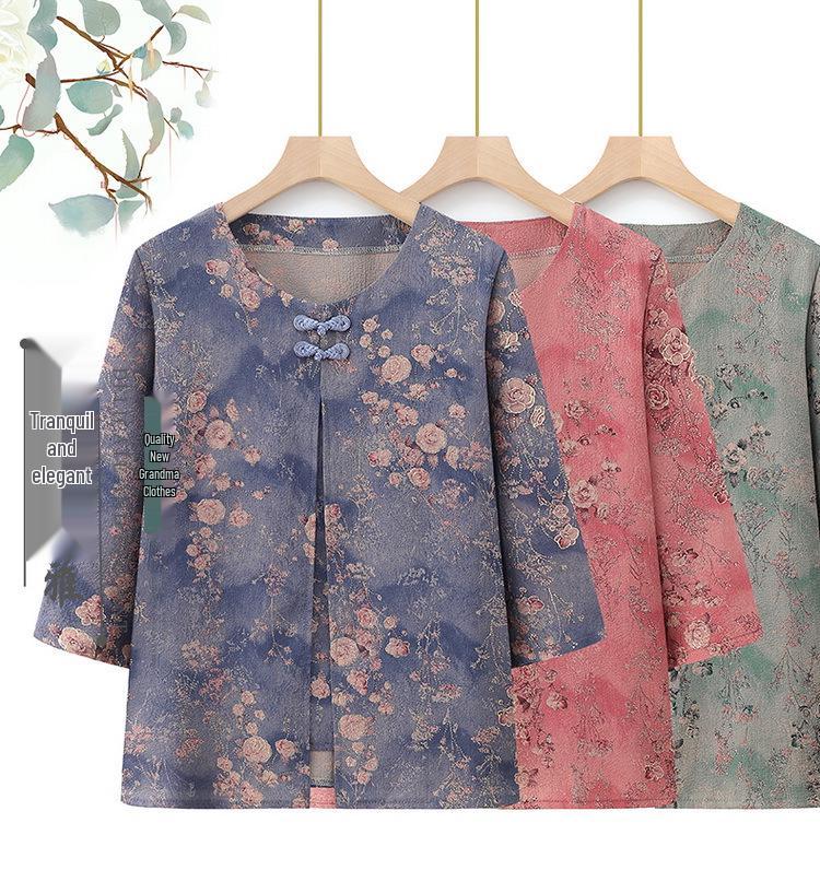 Chinese Style Plus Size Summer Blouse for Middle-Aged & Elderly Women: Mid-Sleeve & Two-Piece Look