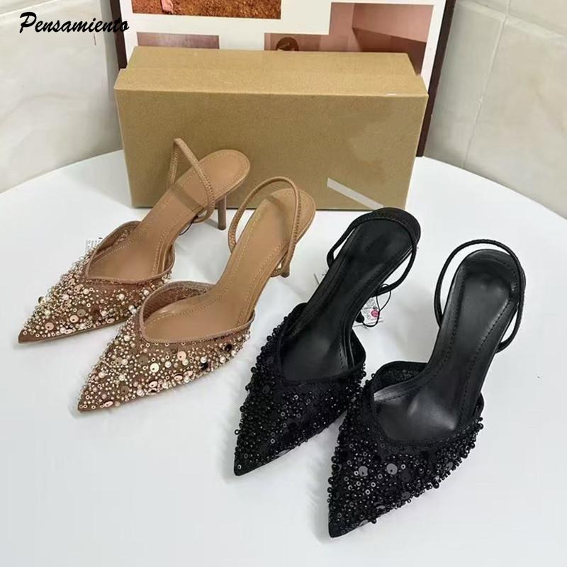Bling Bling Pearls Sequined Air Mesh Women Pumps Sandals Elegant Thin High heels Female Slingbacks Party Modern Shoes