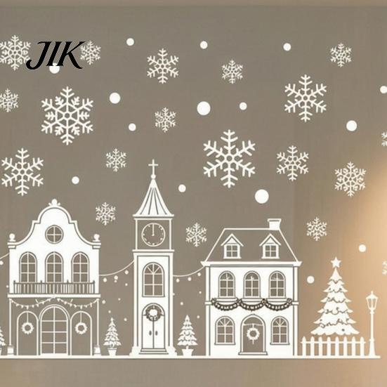 Office Sliding Door Decorations 4Pcs Christmas Static Window Clings, White Town House Snowflake Glass Stickers, Glue Free Stickers Reusable