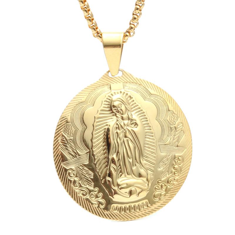 Men Golden Mary Mother of Jesus Round Medallion CZ Pendant Necklace Stainless Steel Virgin Mary Necklaces Jewelry Pendant Only