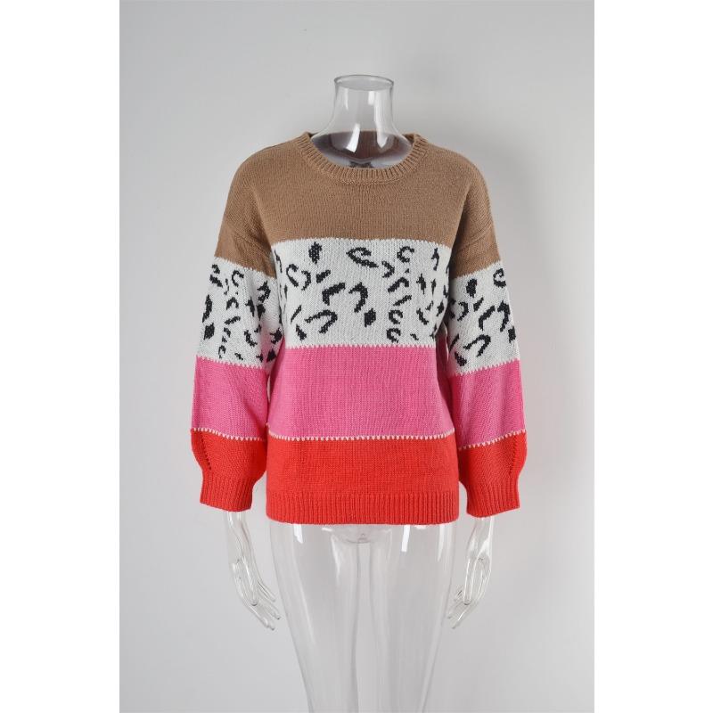 Women's Autumn and Winter Leopard-print Patchwork Knitted Pullover Plus Size Sweater