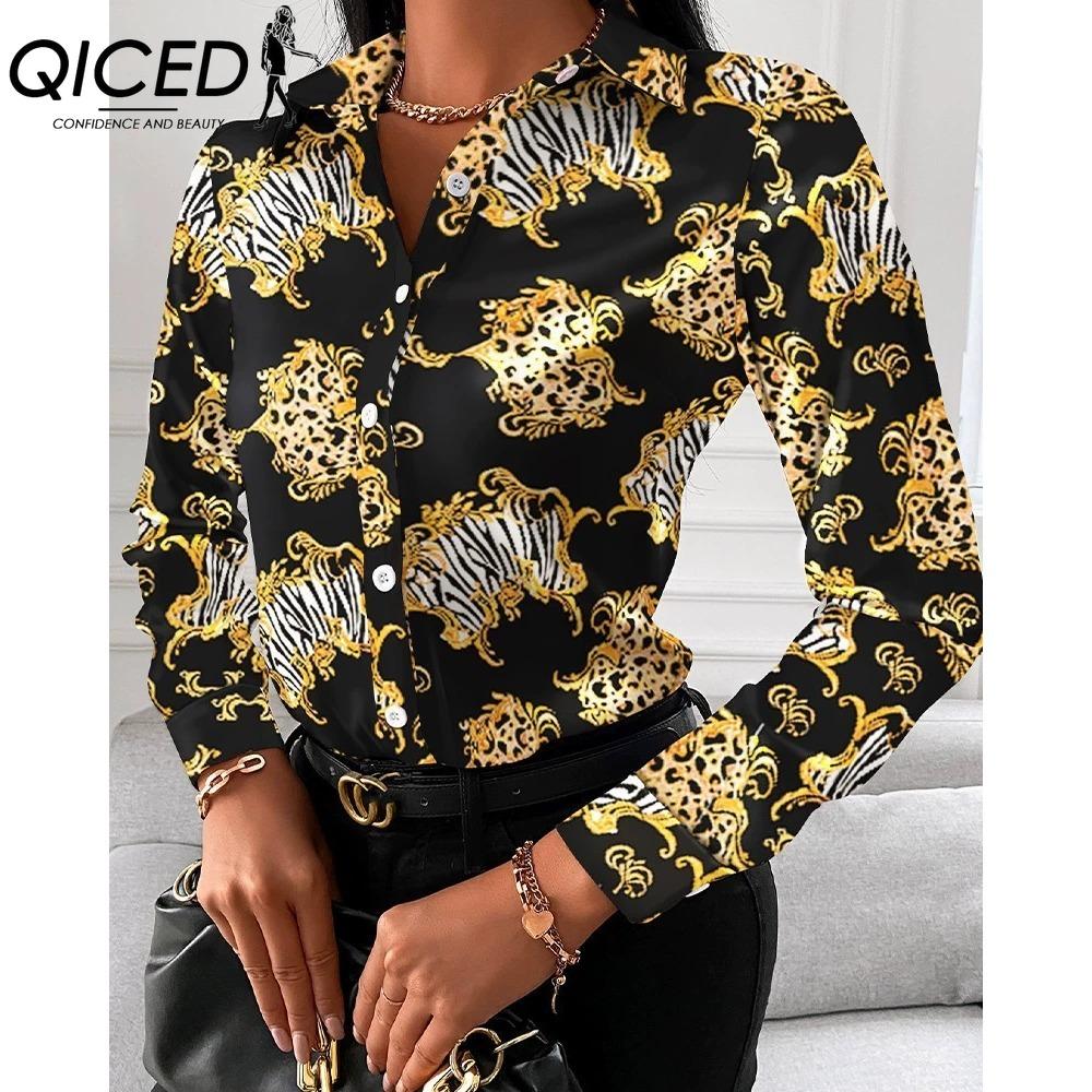QICED Women's Fashion Casual Solid Color Print Long Sleeve POLO Neck Blouses & Shirts