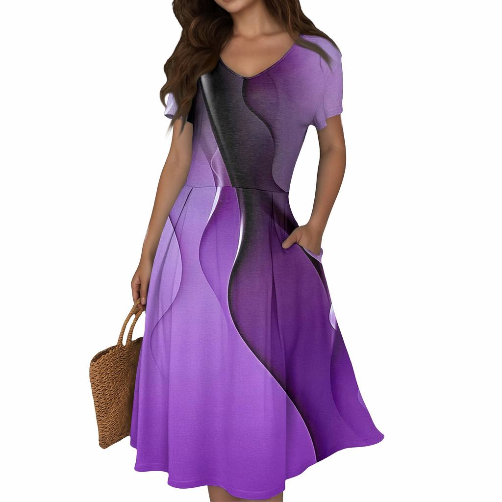Women's Summer Casual Print V-Neck Short Sleeve Dress With Pockets