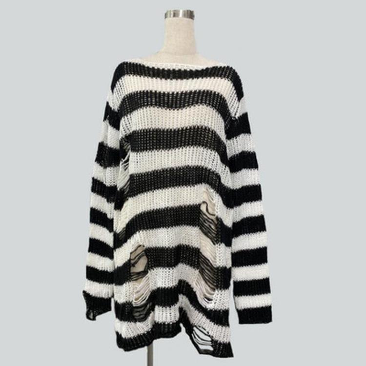 Unisex Women Cool Thin Loose Gothic Striped Long Jumper Dark Punk Streetwear Hollow Out Top Broken Hole