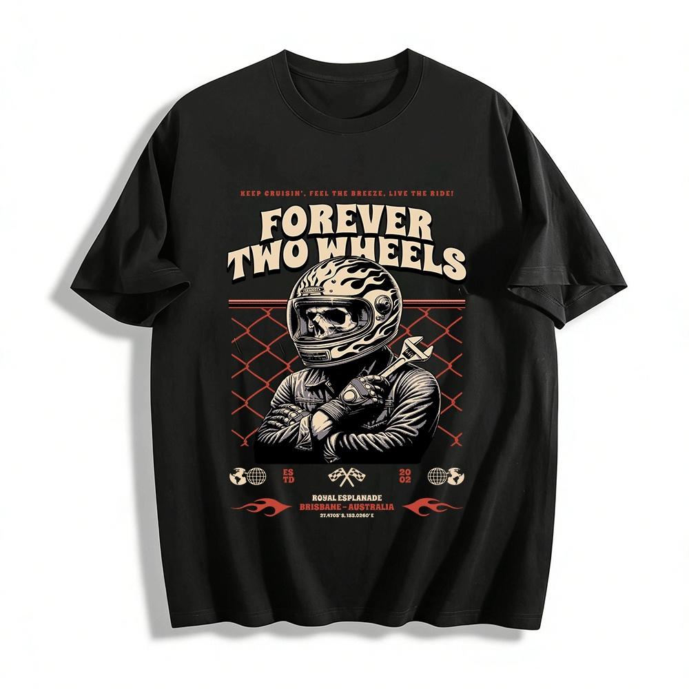 Forever Two Wheels Vintage Biker Skull Print Biker Culture Tee Pure cotton T-shirt XXS