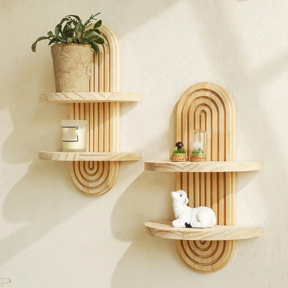 Oval Threaded Wooden Wall Shelves Natural Artistic Wooden Stand Wall Mounted Shelf Living Room
