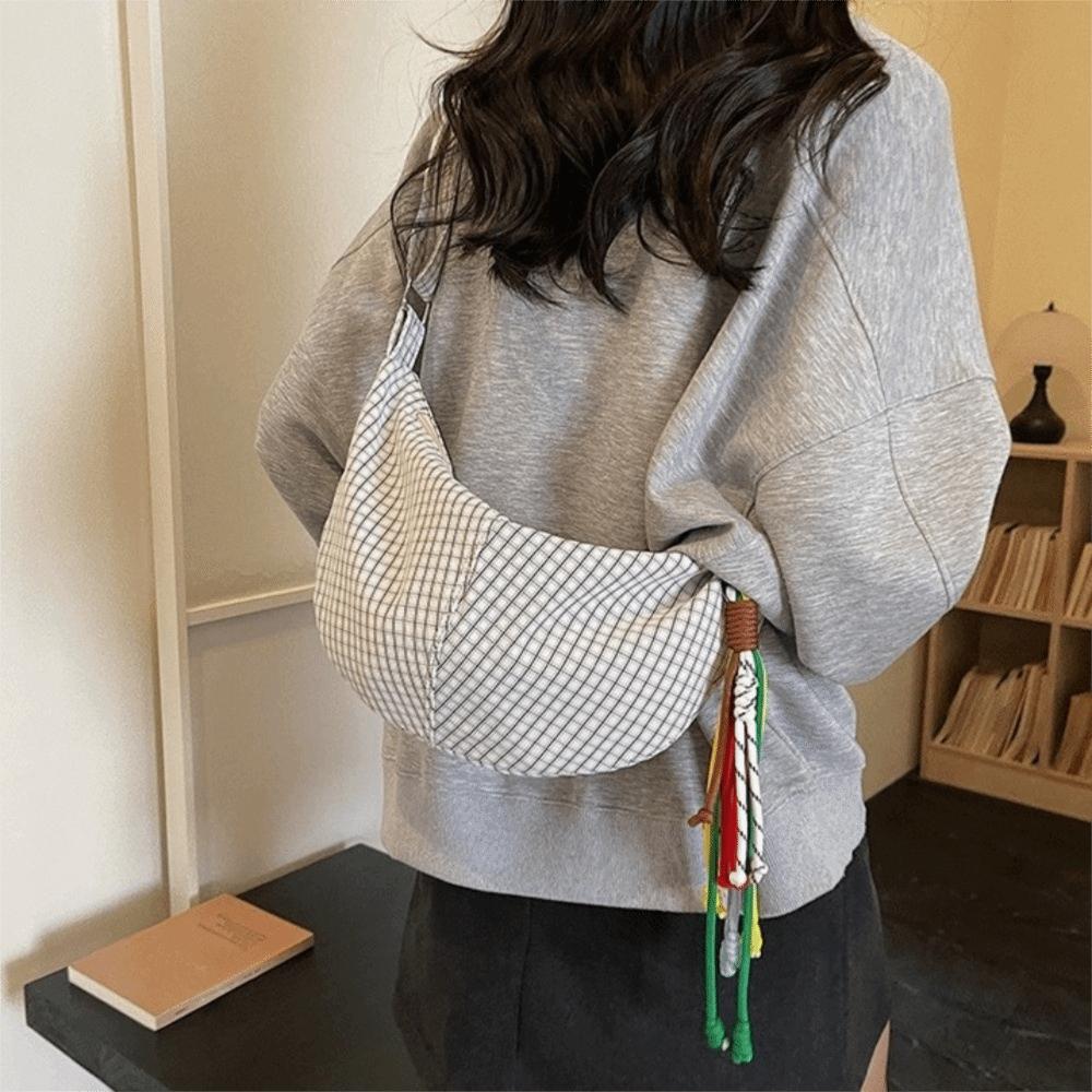 Simple Zipper Plaid Shoulder Bag Colth Large Capacity Dumpling Bag Lightweight Multicolor Crossbody Bag School