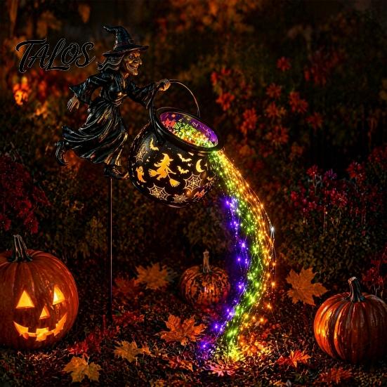 Glowing Yard Art for Halloween Witch Cauldron Light, Flying Silhouette Garden Stake with Colorful Metal Decor LED, Spooky Outdoor Decorative