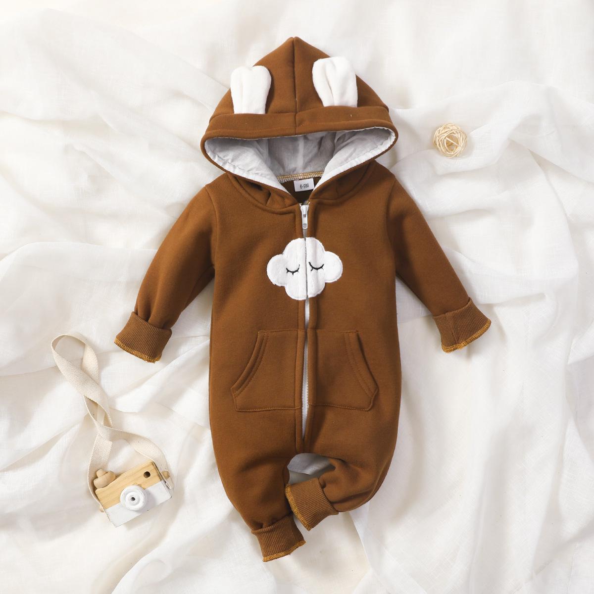 Kapuzen-Strampler für Babys und Kleinkinder: Reißverschluss mit Schleife, Erdbeerdesign, für 0-2 Jahre, Herbst/Winter Strampler. 0-3M brown