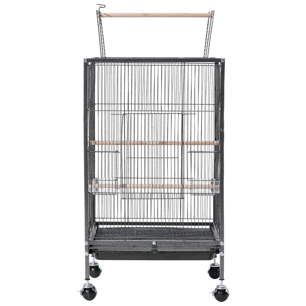 Bird Cage, 460 x 460 x 770 mm, Open Flat Top, Wrought Iron Bird Flight Cage with Perches, Slide-Out Tray and Plastic Feeders, Casters, for Parrot,