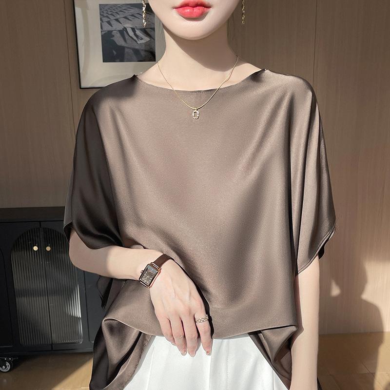 Silk satin summer women's new round neck loose batman shirt slim temperament versatile T-shirt short sleeves, top