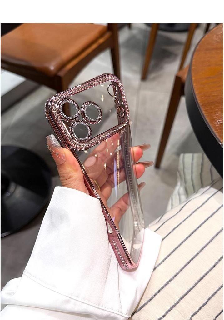 Electroplated Rhinestone Phone Case for iPhone 18 Pro Max with Apple 16 Lens Film, Transparent, Anti-drop, Soft Protective Cover.