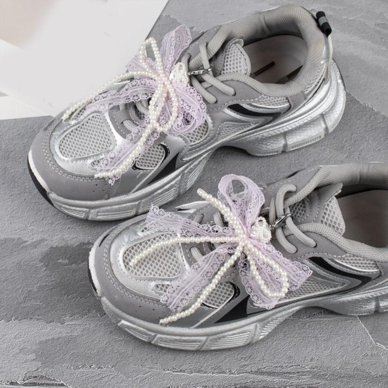 ABS Pearls and Lace Bowknot Detachable Shoe Ornament Women Shoelaces Charm Sophisticated Detachable Footwear Ornament