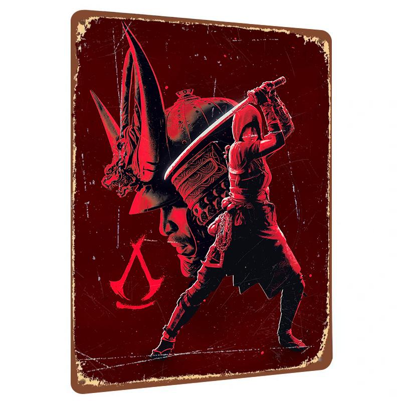 

Game Theme Custom Metal Wall Art Samurai Helmet and Sword Warrior Design Home Decor Hanging 20x30cm（7.8x11.8inch）