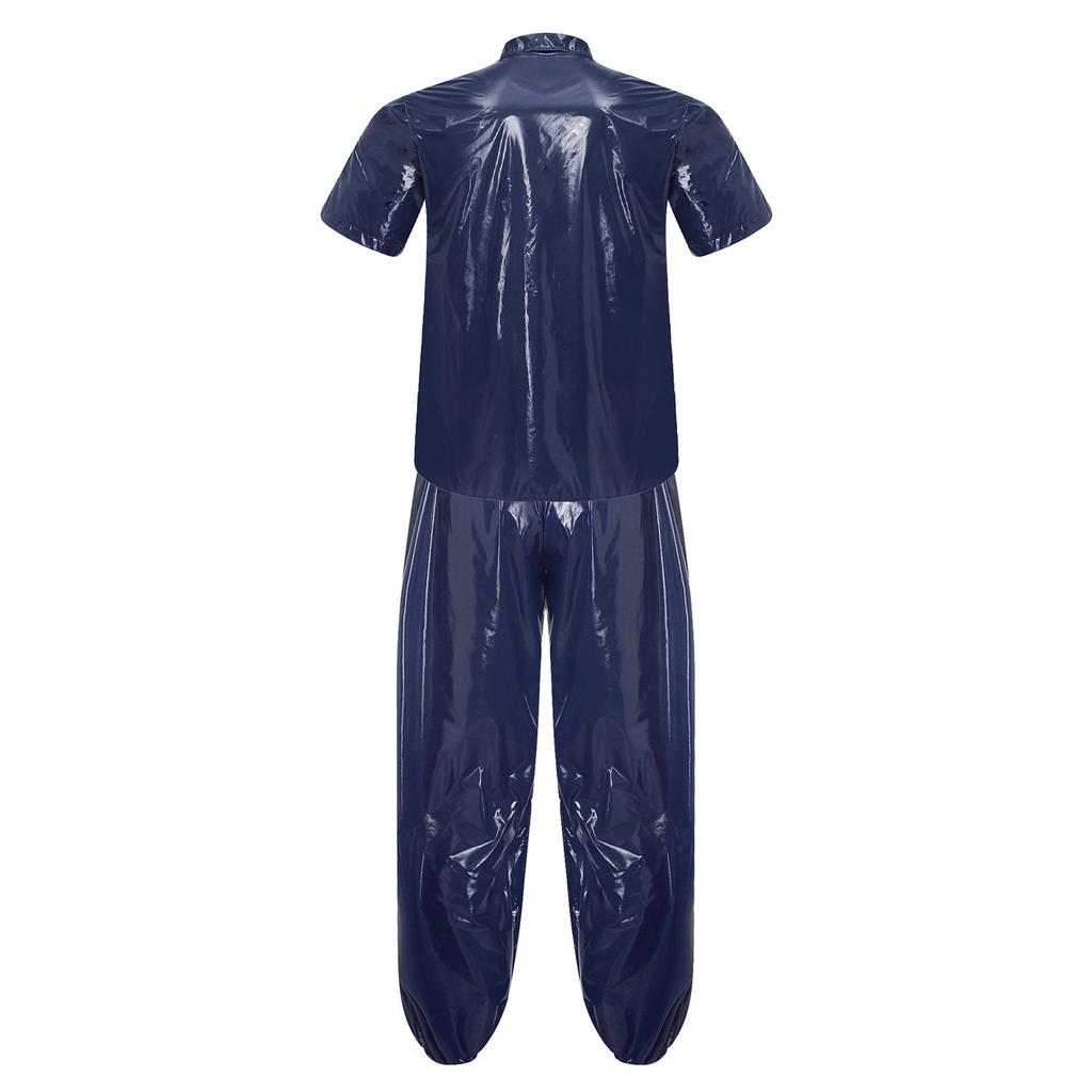 S-3XL Men Waterproof Tracksuit Short Sleeve Front Button Lapel T-Shirt with Elastic Waistband Jogging Pants for Sauna Sweat Rainwear