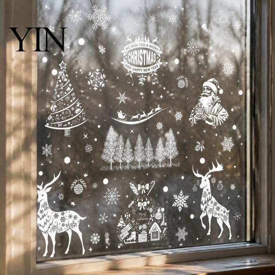 Removable Holiday Glass Decorations 6Pcs Christmas Window Clings, Retro White Line Static Sticker for Snowflake Stickers Decoration, Reusable PVC Elk