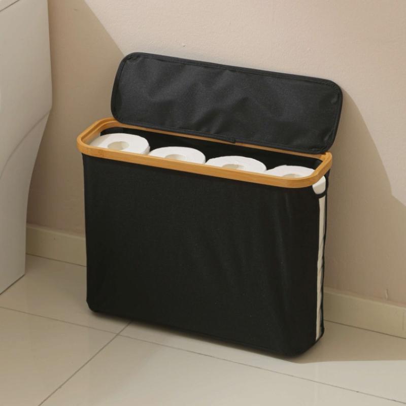 1Pc Bamboo Toilet Paper Holder With Lid - Self-Contained Bathroom Organizer With Handle, Enclosed Tissue Storage Box
