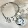 Women Open‑Adjustable Alloy‑Bracelet Quartz Watch Gold‑Tone Beaded‑Flower Pendant Wrist Watch