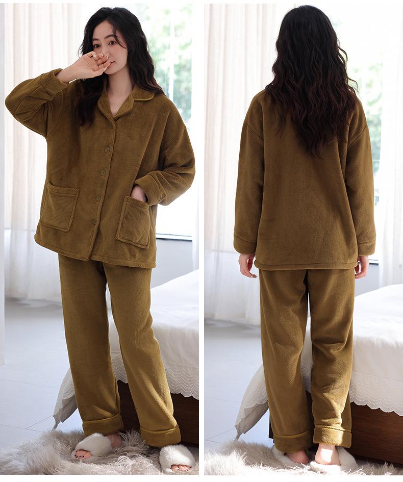 Women's Winter Flannel Pajama Set - Lapel Collar, Long Sleeve, Long Pants, Casual, Warm, For Home or Outings